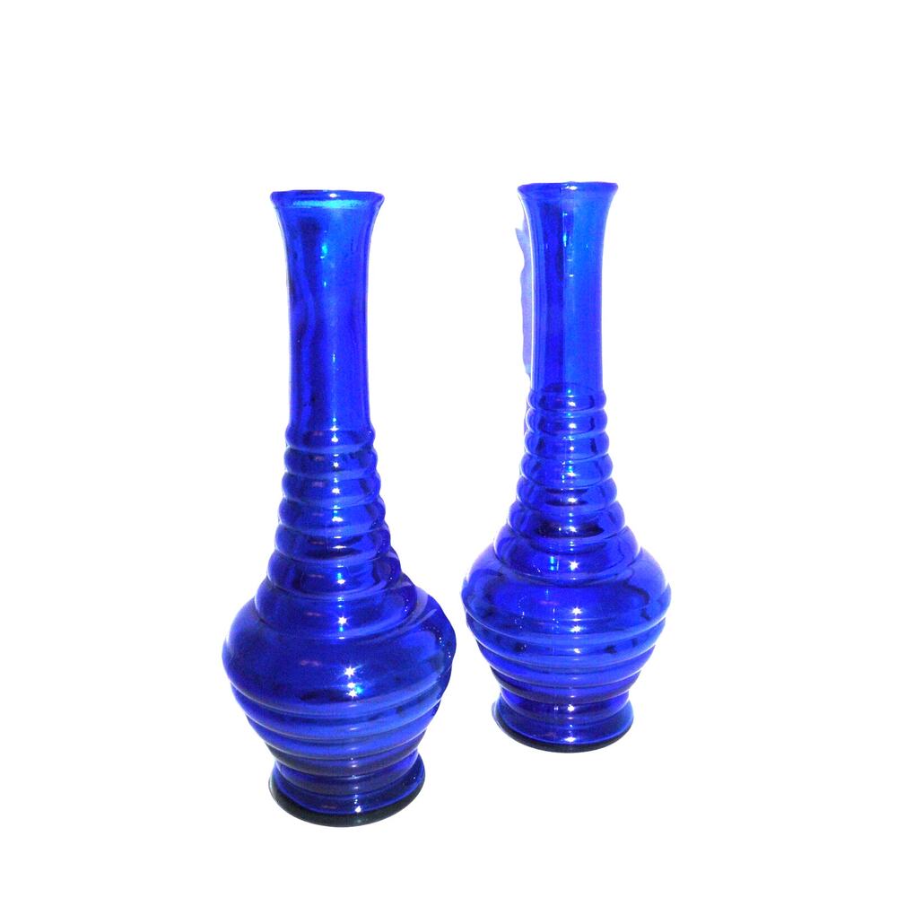 Pair 2 Set Vintage Cobalt Blue Art Glass Ribbed Vases Made In USA MCM